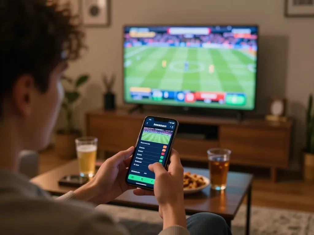 Engaging in sports betting on 88BET app with live matches in background