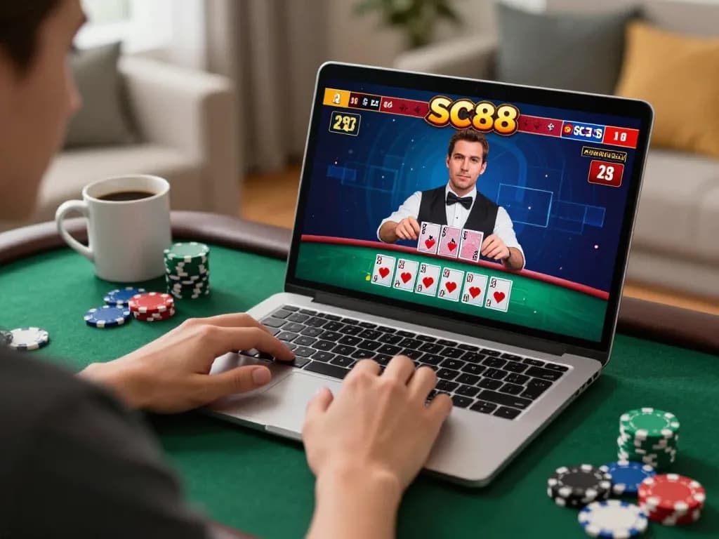 Player experiencing SC88 live dealer blackjack at home, showcasing strategic gameplay.