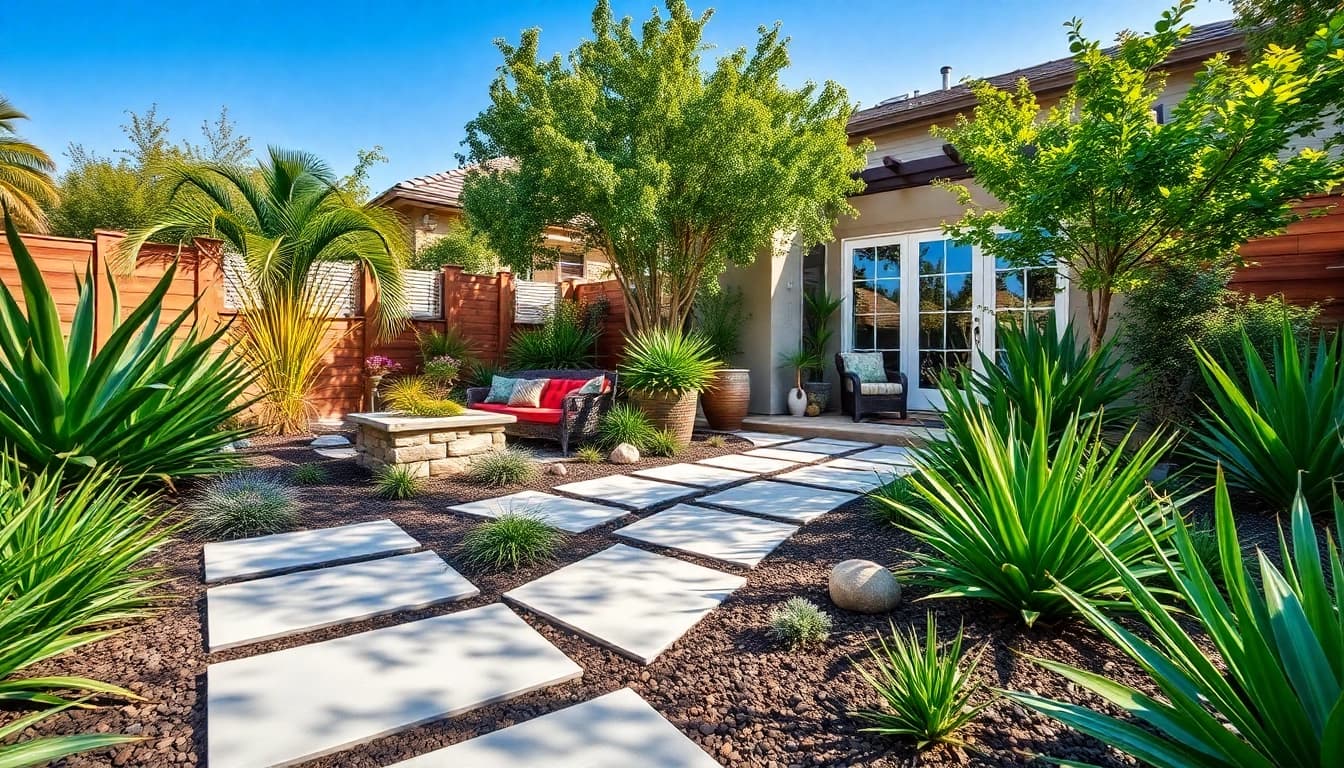 Landscape Design in San Antonio, TX featuring a vibrant backyard with native plants and modern seating.