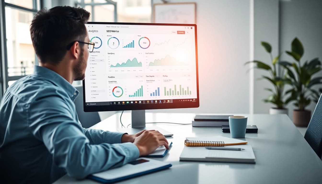 Analyze SEO Rank Tracker data with detailed metrics on a computer screen in a modern office.