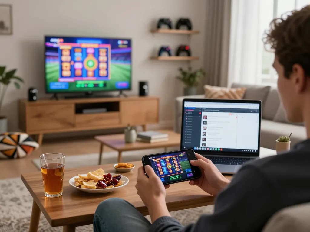 Engaging online gaming moment with ligasedayu slot games displayed on smartphone in cozy living room.