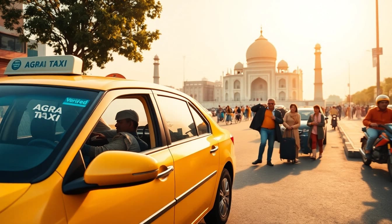 Agra Taxi service featuring a clean taxi near the Taj Mahal, showcasing reliability and professionalism.
