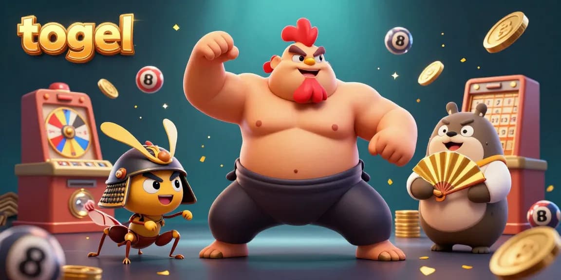 Engage in the dynamic togel scene where numbered lottery balls and golden winnings soar around fierce characters.