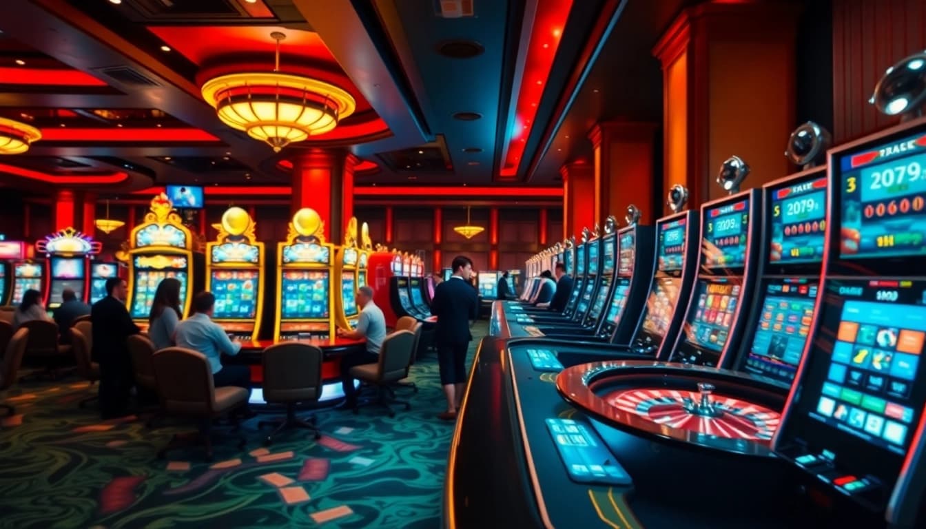 Interwin official menciptakan atmosfer kasino yang hidup dengan mesin slot dan meja roulette.