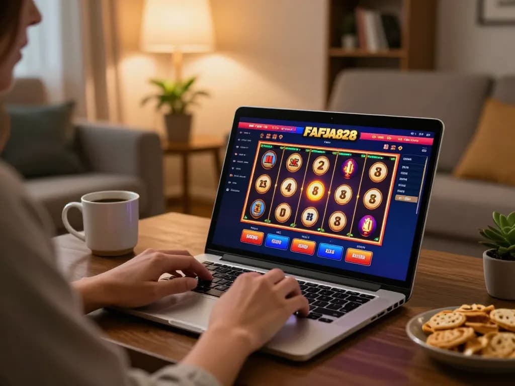 Engaging player enjoying FAFA828 online casino slots in a cozy home setting.