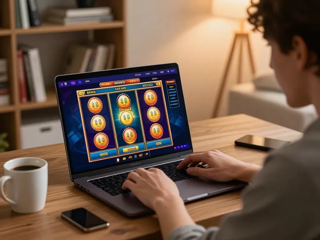 Player engaging with Mesingg online slots in a cozy home office during exciting gameplay