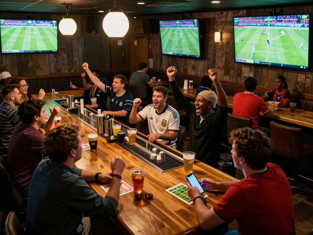 Experience trực tiếp bóng đá okwintv in a vibrant sports bar atmosphere, fans cheering for their teams while placing bets.