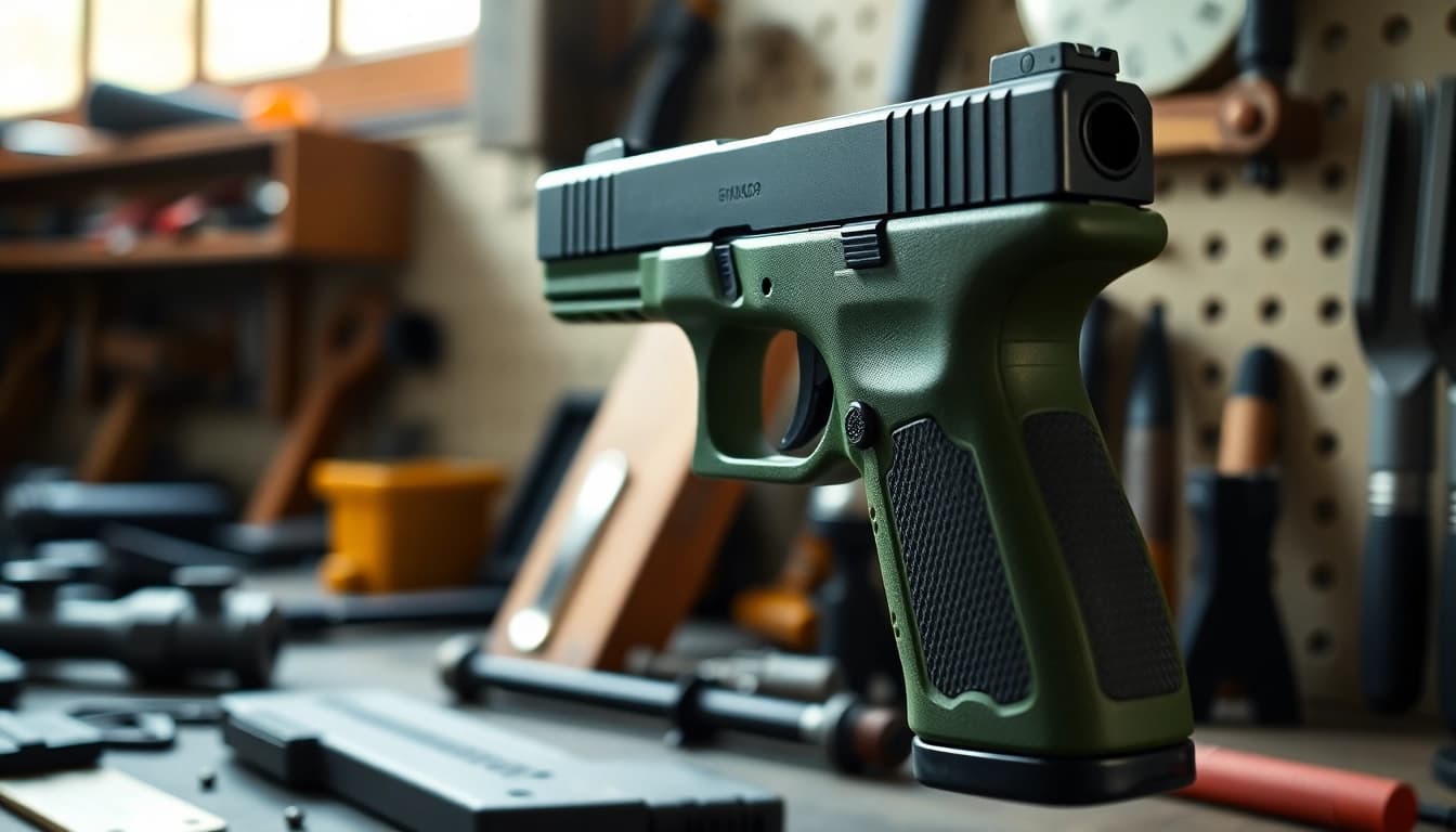 Crafting the glock 19 pf940c pistol frame in a well-lit workshop environment showcasing the design features.