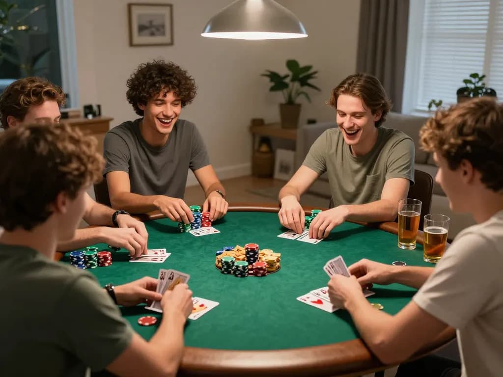 Friends enjoying a lively poker game at home, focusing on strategy and fun with 388bet.
