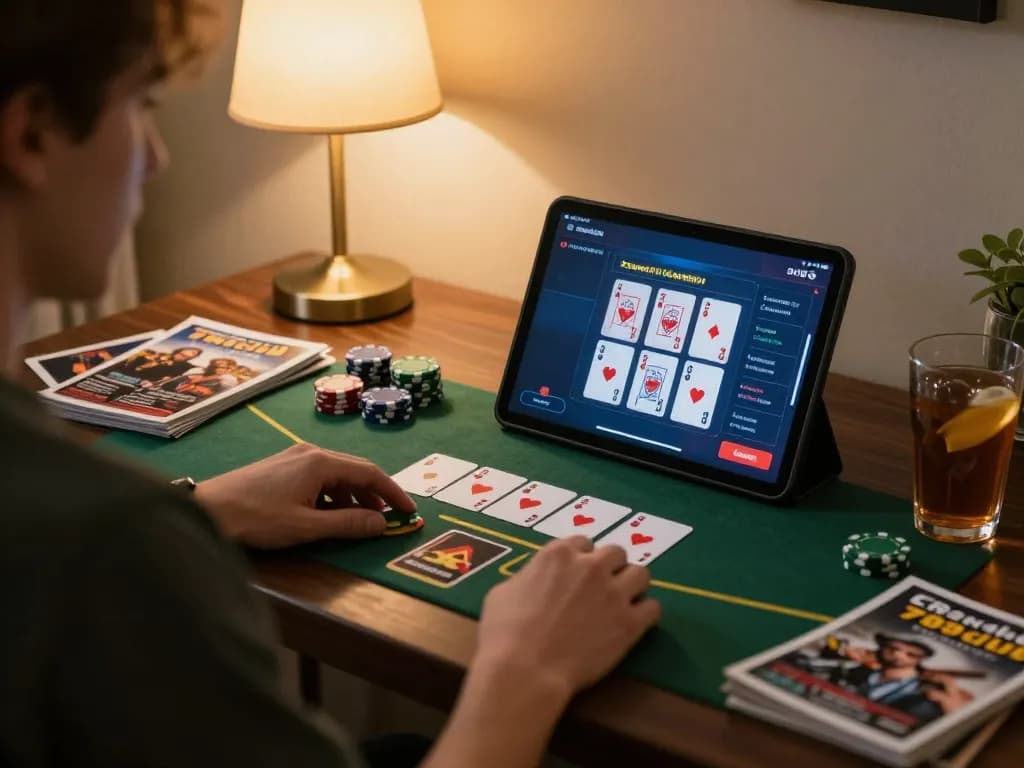 Engage in thrilling online poker gameplay at 789club with a live dealer on tablet, showcasing strategic card play.