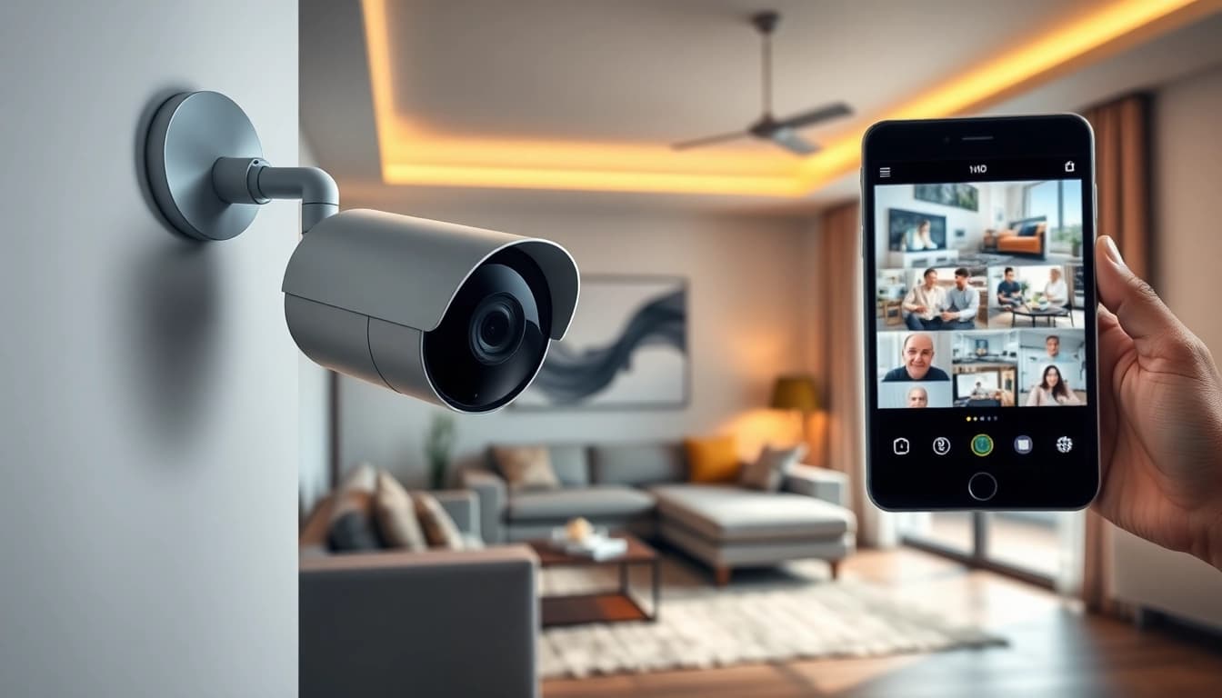 Cámaras de seguridad de alta tecnología monitoreando una sala de estar moderna para la seguridad del hogar.