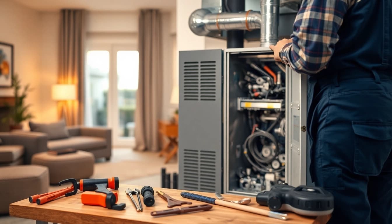 Technician showcasing furnace maintenance services in a home, ensuring optimal heating performance.
