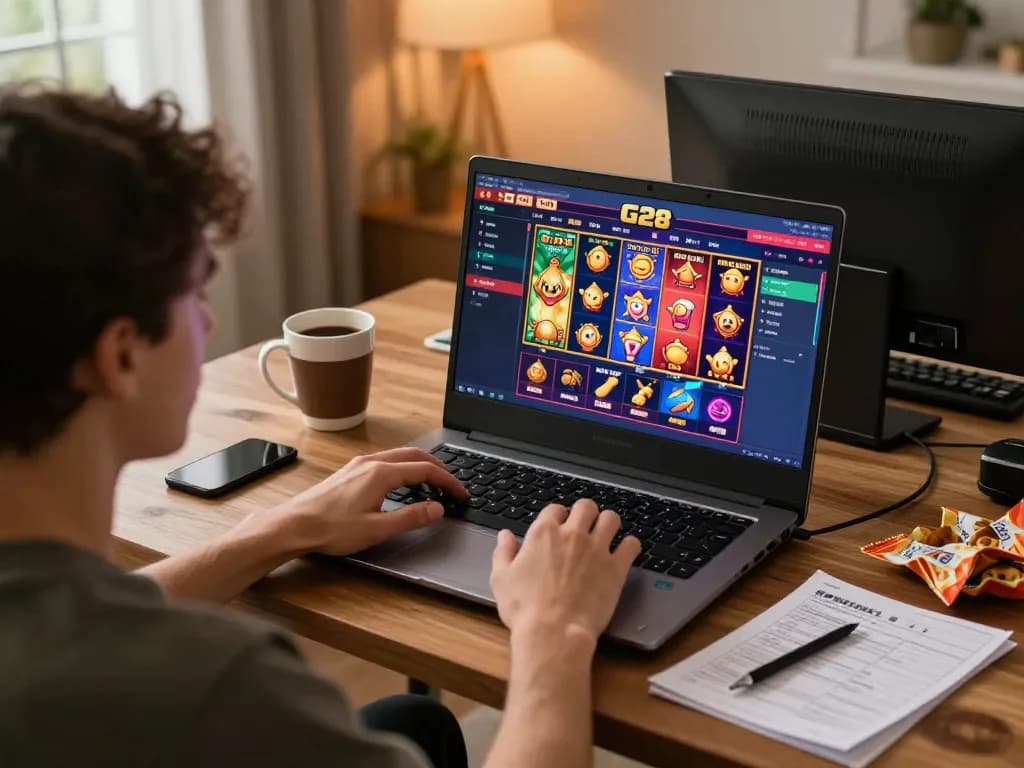 Person engaged with g28 online casino game on a laptop, enhancing home gaming experience
