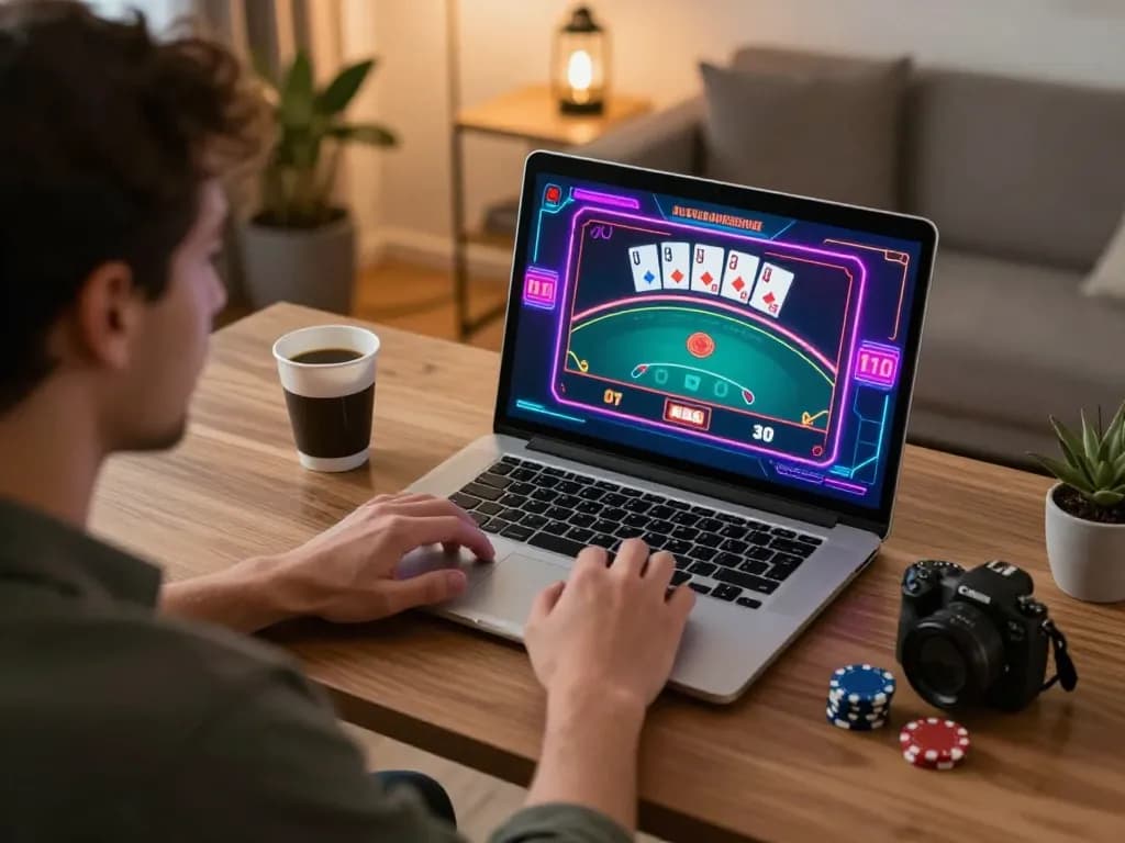 Exciting moment at an online casino featuring thabet, showcasing a player engaged in a vibrant poker game on a laptop.