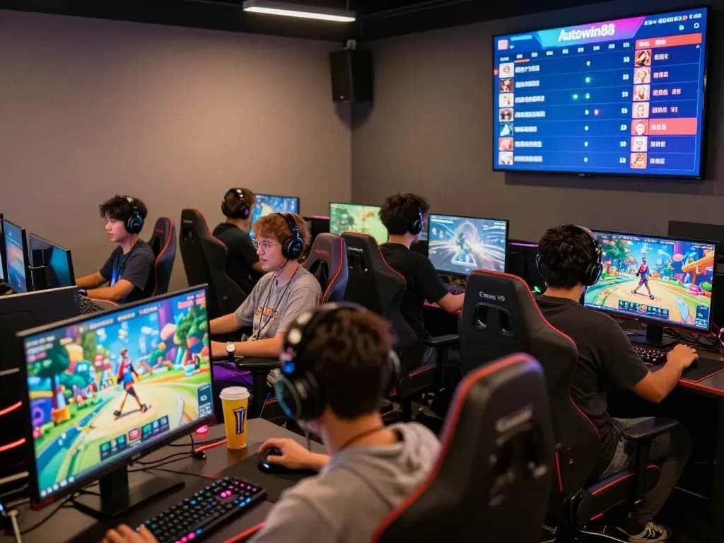 Autowin88 online gaming players immersed in a thrilling session showcasing vibrant graphics and competitive spirit.