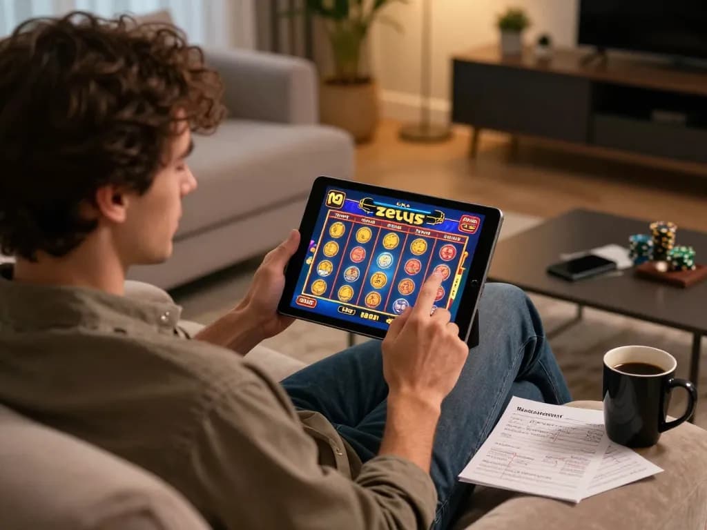 Pemain terlibat dalam permainan slot zeus sambil mengelola bankroll di rumah