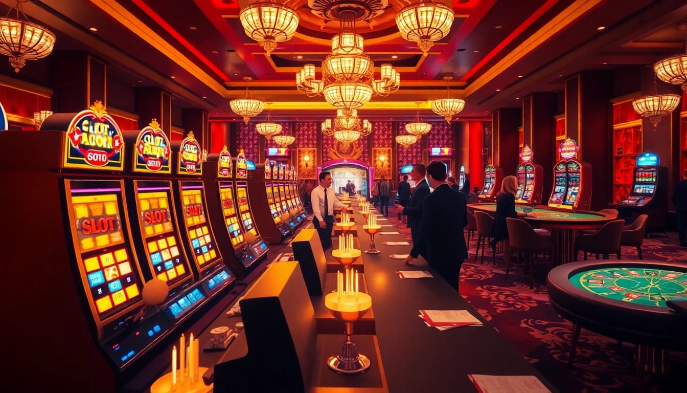 Engaging scene at a casino featuring players enjoying slot gacor hari ini with vibrant machines and winning moments.