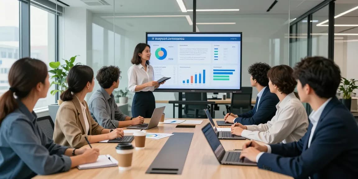 Office team collaborating on IT support strategies for small business London, engaging with data analytics and technology.