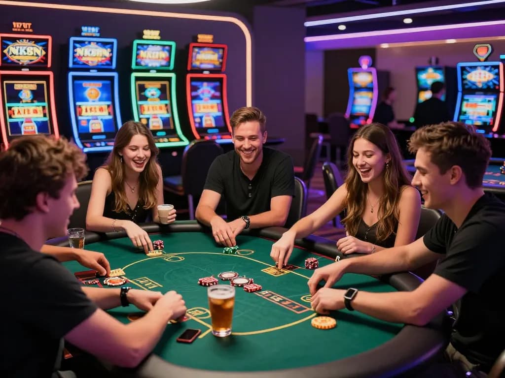 Group of friends enjoying nk88 win at a vibrant casino table with colorful machines.