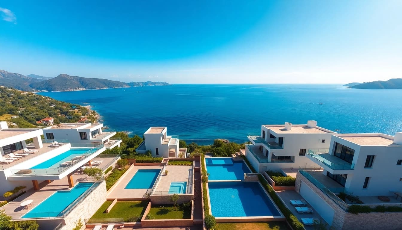 Explore luxurious real estate in Alanya featuring hillside villas and beautiful sea views.