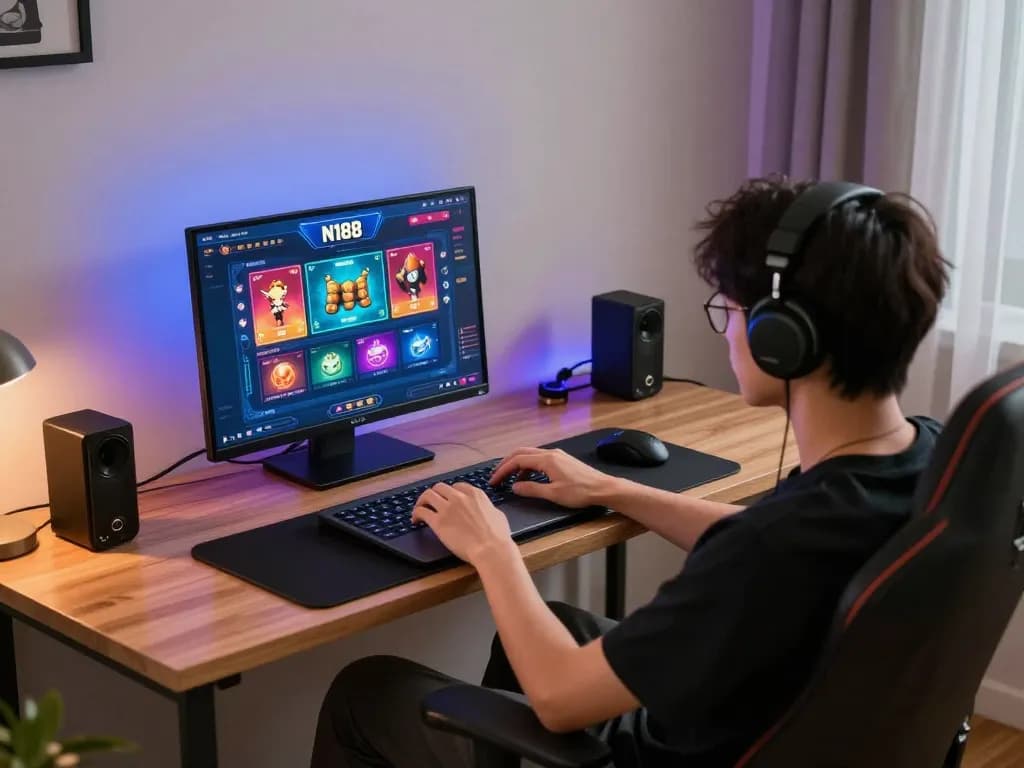 The user enjoys online gambling at https://n188.build/ on a laptop while seated in a cozy gaming setup.