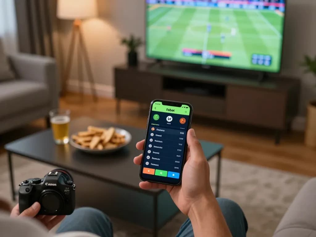 Engaged user placing bets on the Fabet app during a live sports event in a cozy home setting.