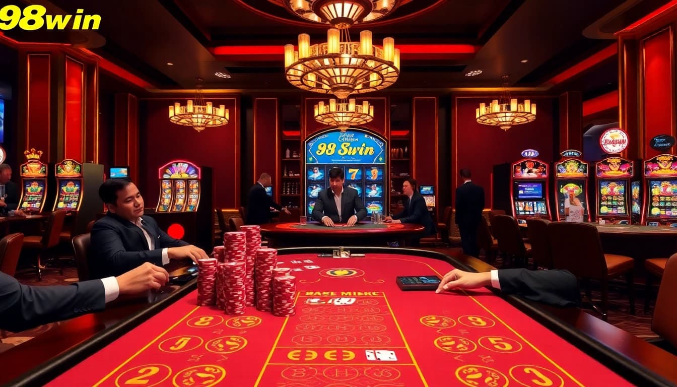 Engaging players enjoying Blackjack at 98win's luxurious casino table.