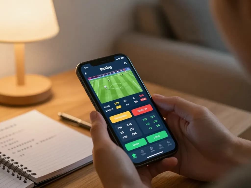 Person using smartphone for live betting on https://keotructuyen.jpn.com/ with game stats visible