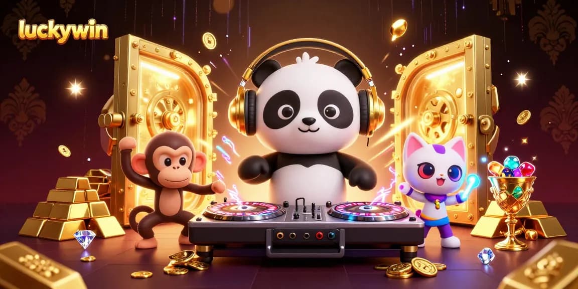 Win big at luckywin with a vibrant casino scene featuring a DJ panda, a dancing monkey, and a kitten in rave gear.