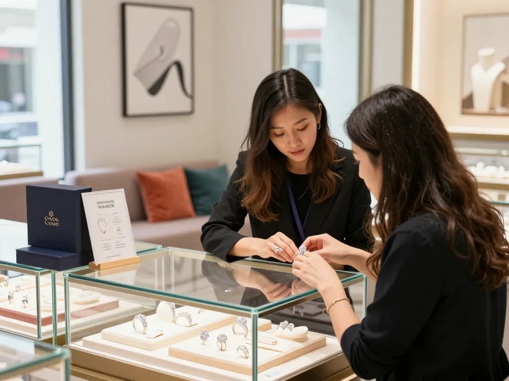 Customer trying on a diamond ring in an elegant showroom; read this article for insights.