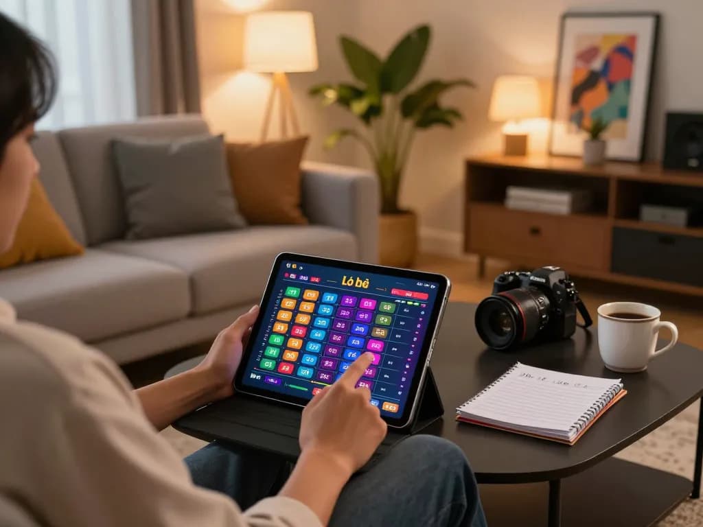 Lô đề online gaming scene with tablet and strategic notes on coffee table in cozy home.