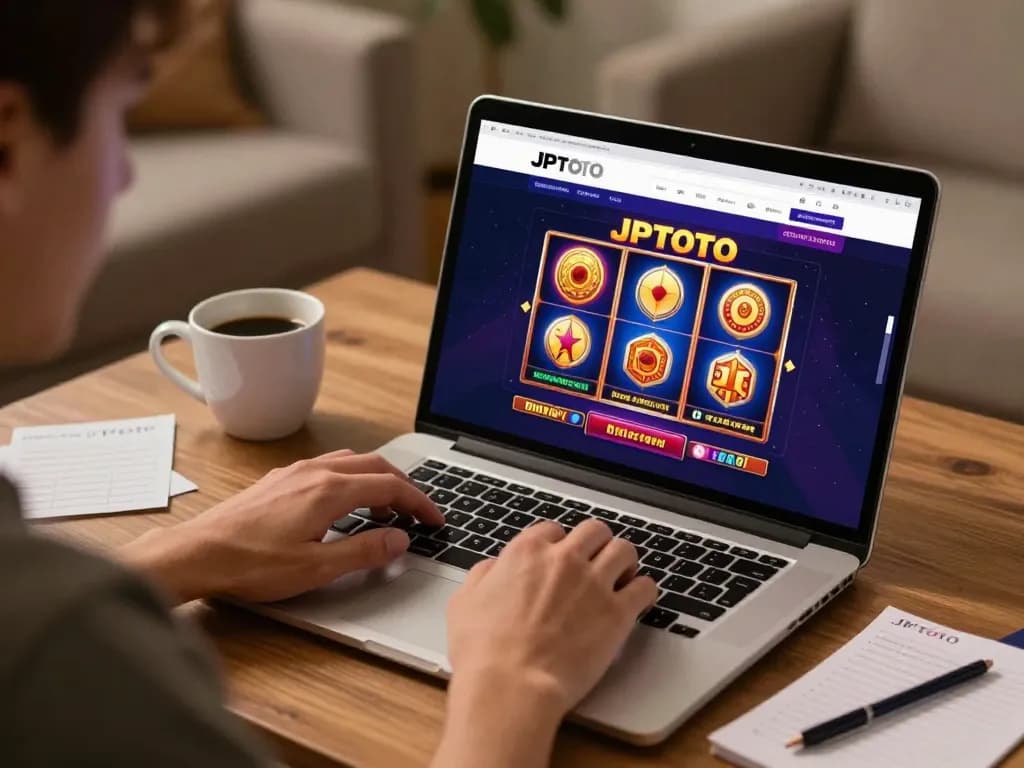 Player engaging in JPTOTO online slots from home, showcasing dynamic gameplay on laptop screen.