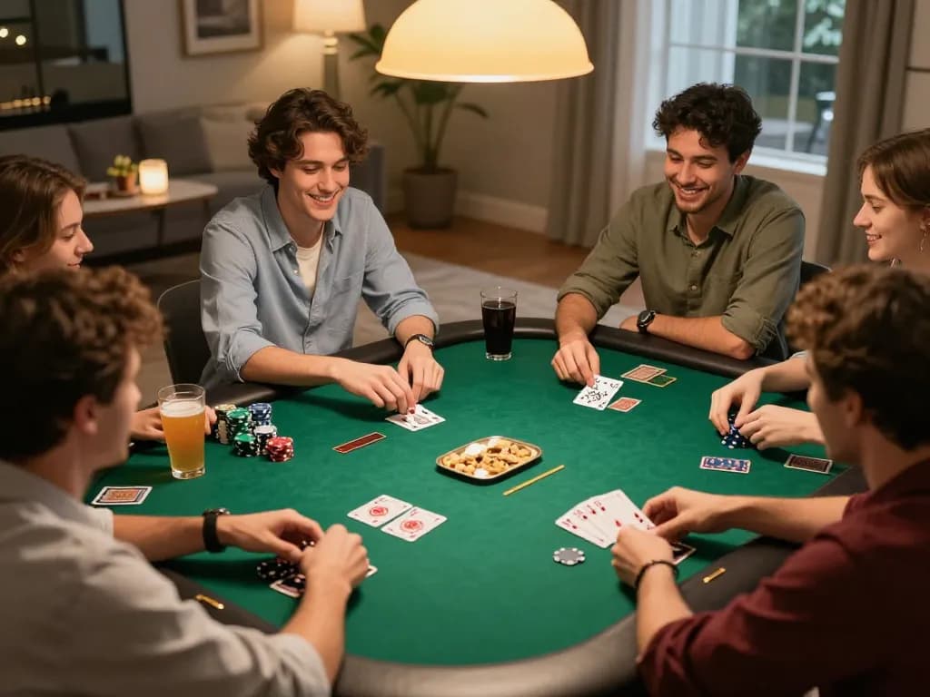 Players engaging in a lively poker game, showcasing 5679 strategies in a cozy home setting.