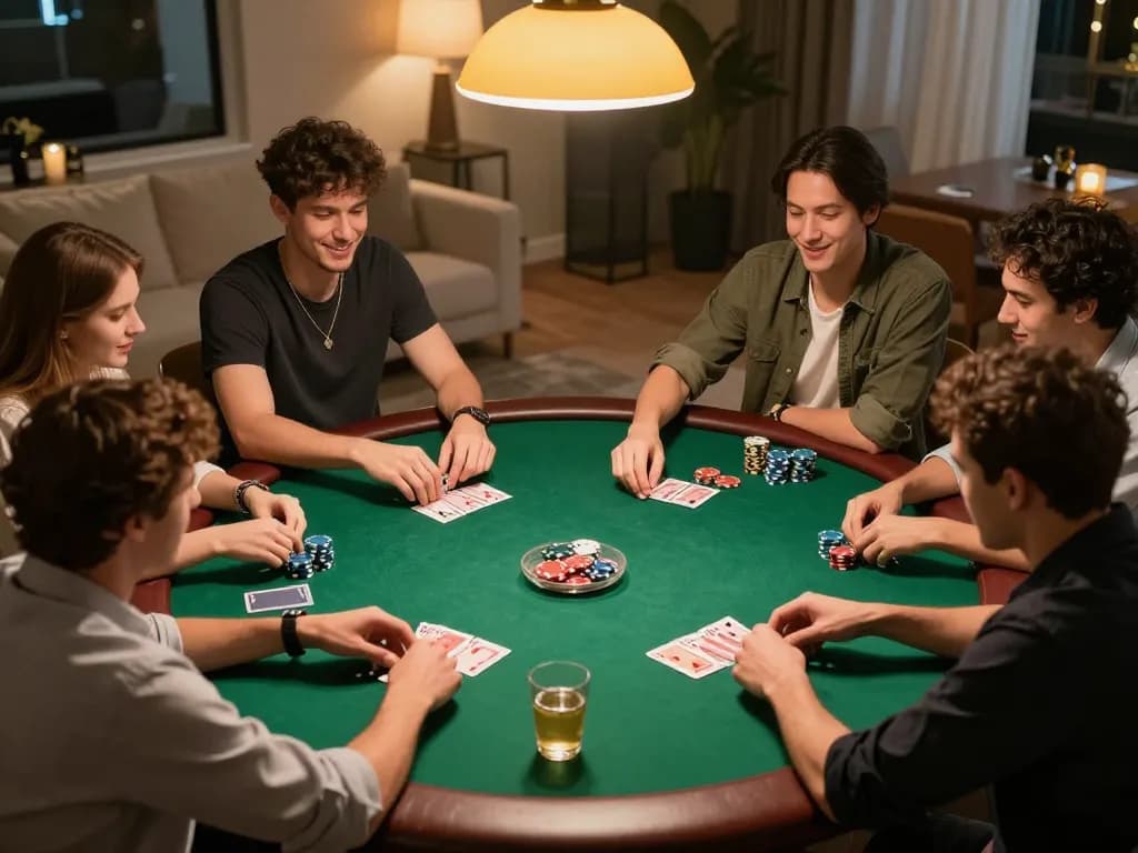 678vip players engaging in a lively home poker game, showcasing strategic gameplay and friendly competition.