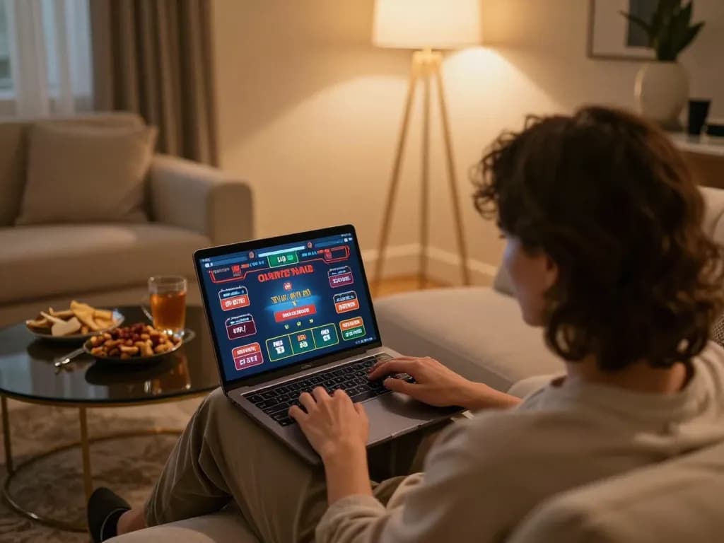 Player enjoying online casino games on a laptop at home, capturing the spirit of da88 gaming.