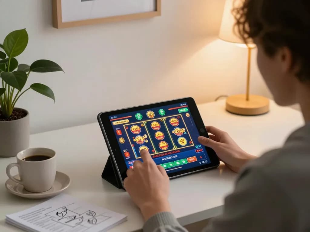 Engaged player at home using bet88com tablet for strategic online casino gaming with vibrant screen