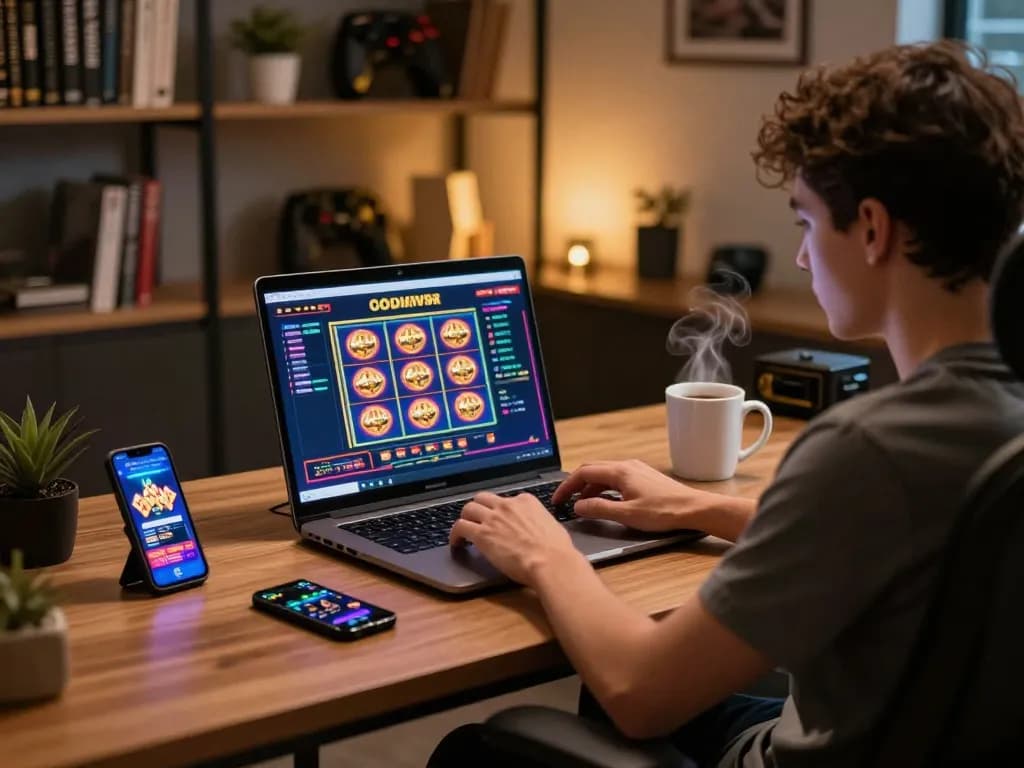 Play slot6000 online in a modern home office setup showcasing gaming strategies and tools.