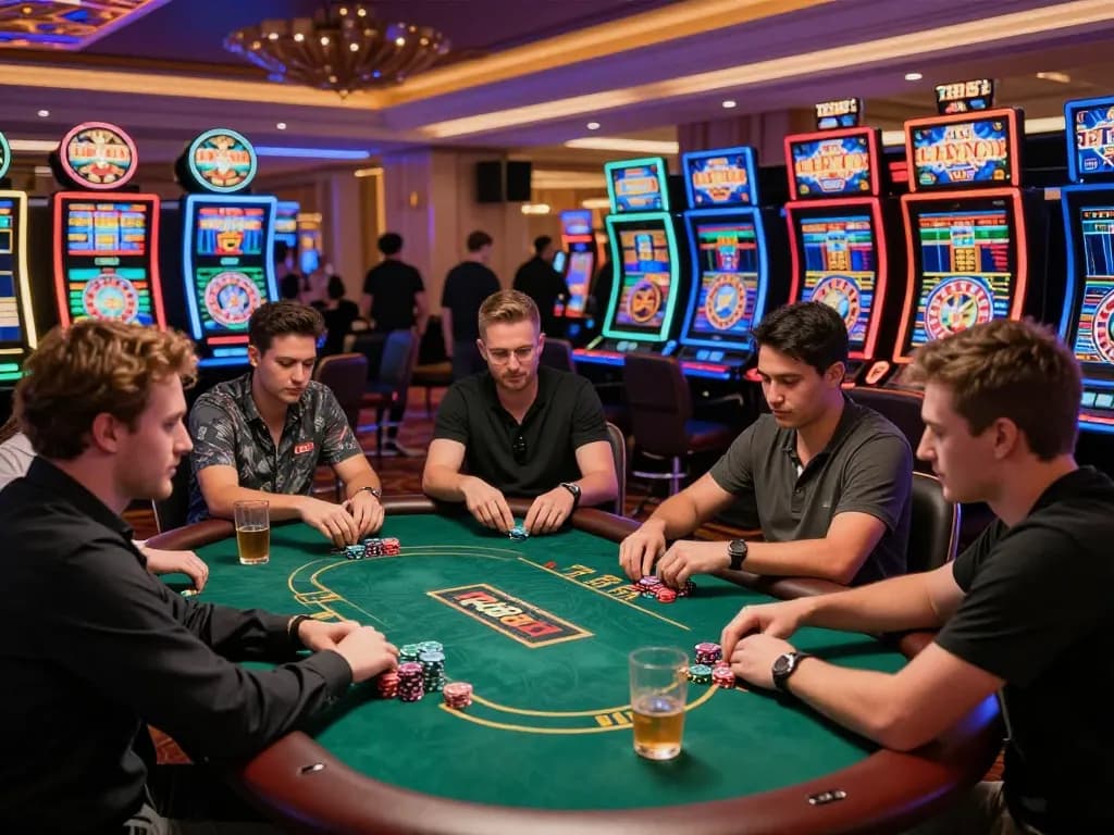 Friends enjoy a high-stakes poker table at TR88 bet casino, showcasing excitement and camaraderie.
