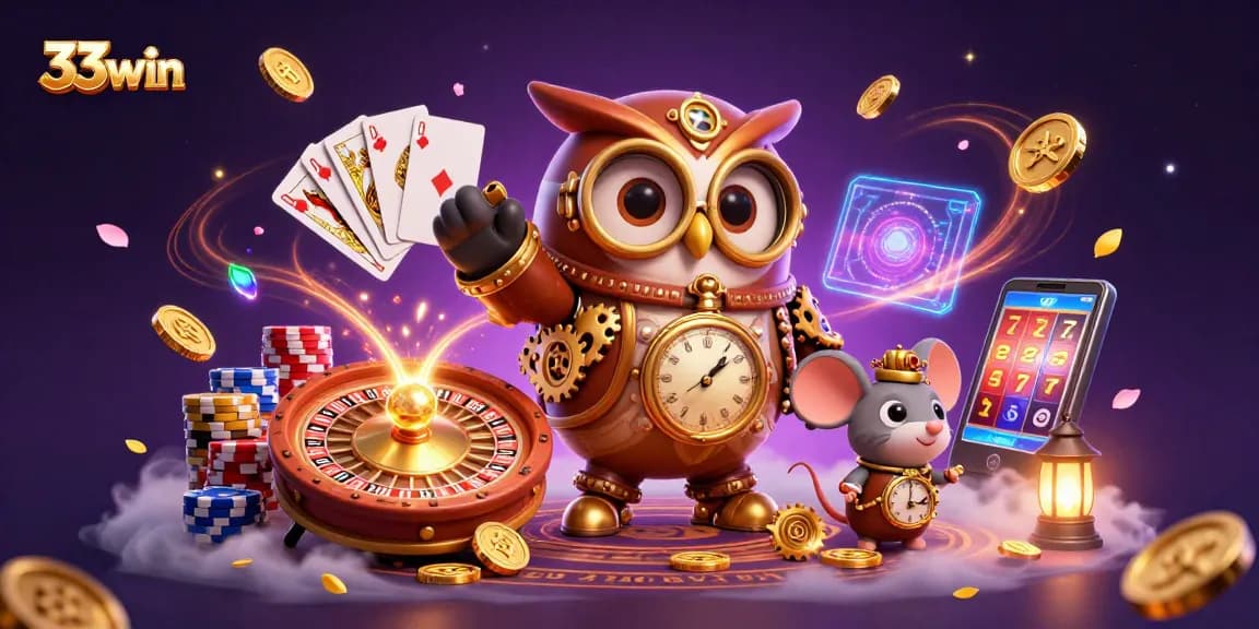 Engage with 33win's dynamic casino scene featuring a time-traveler owl and vibrant game elements.