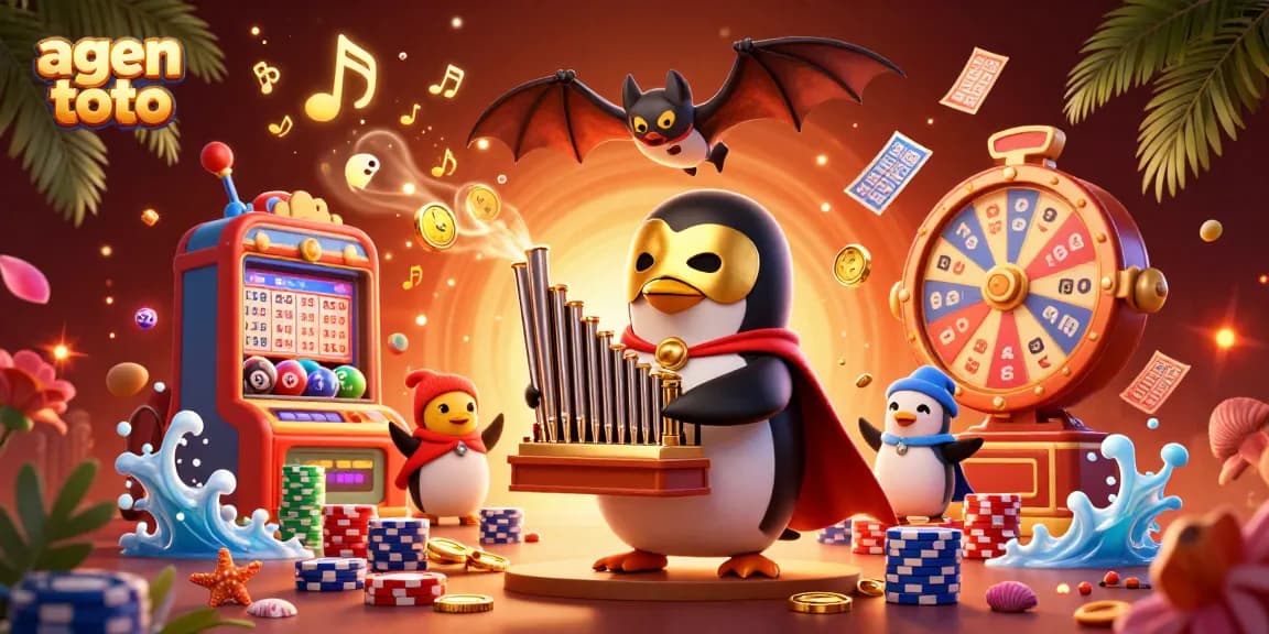 Engage in thrilling games with agen toto as the illustrated penguin and bat showcase lottery excitement.