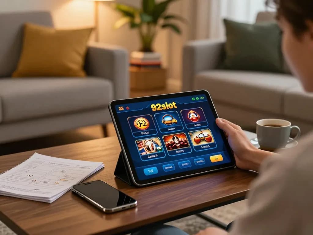Engaging in online gambling on 92slot app while relaxing in a cozy living room.