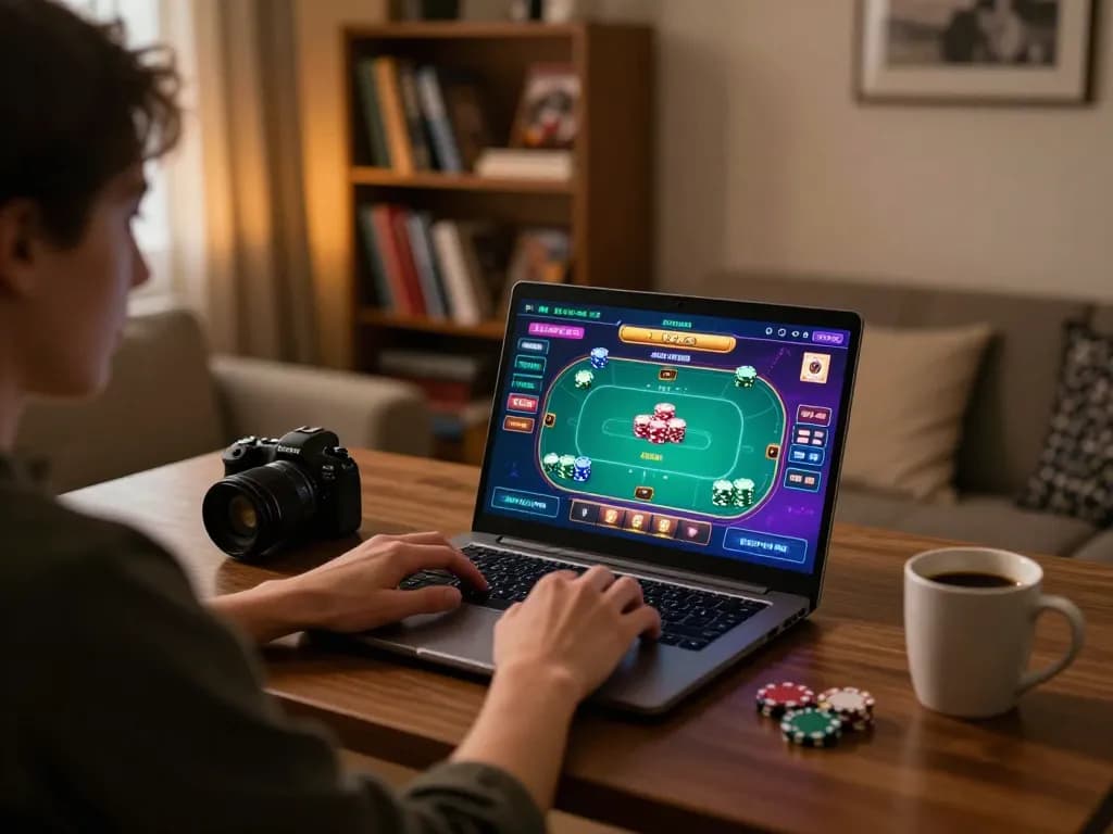 manclub player engaging in an online poker game on laptop with vibrant interface
