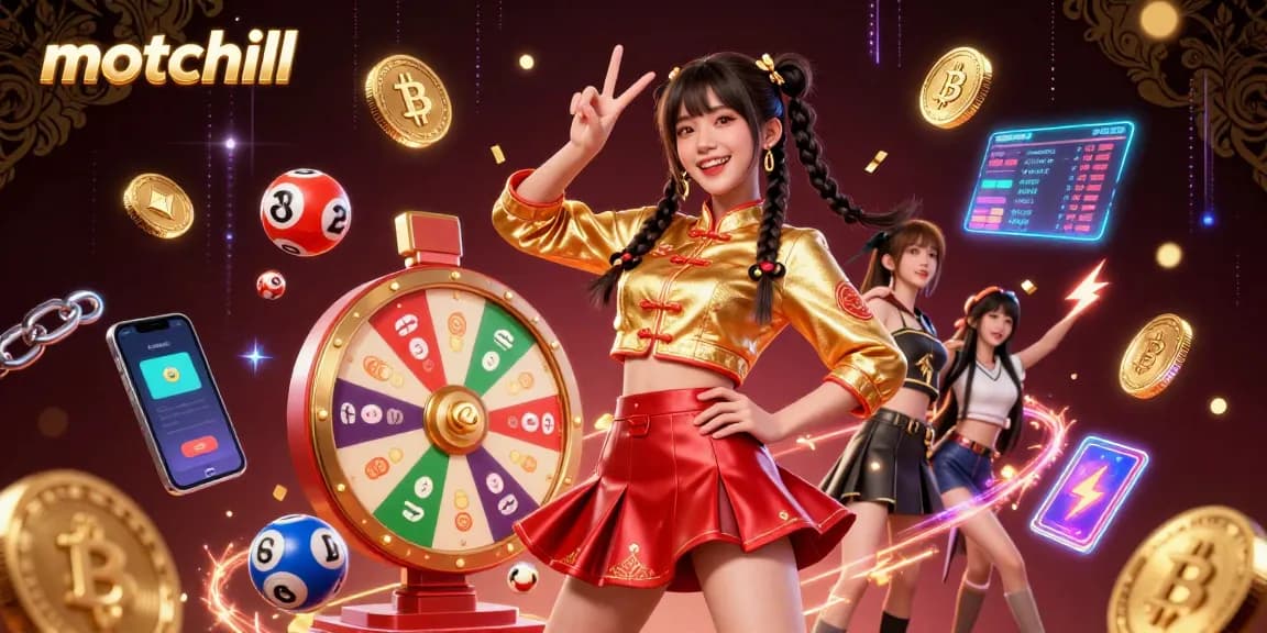 Spin to win with motchill's vibrant 3D casino illustration showcasing exciting lottery elements and neon crypto coins.