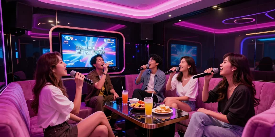 강남 가라오케에서 친구들과 즐거운 시간을 보내는 모습, 고급스러운 분위기와 현대적인 인테리어가 돋보입니다.
