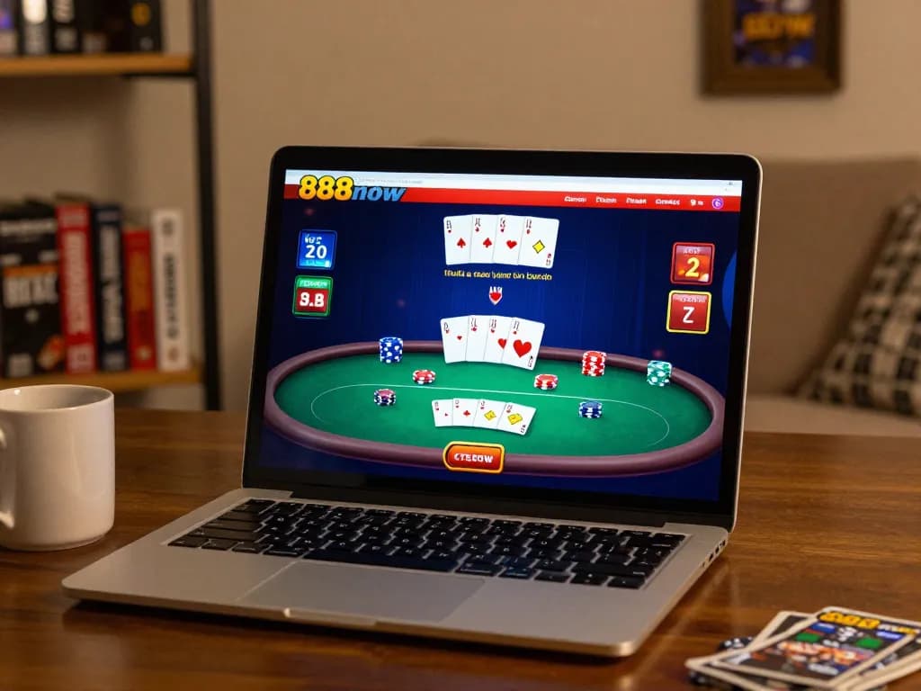 Engaging gameplay at 888now com on laptop, showcasing poker action in a cozy home environment