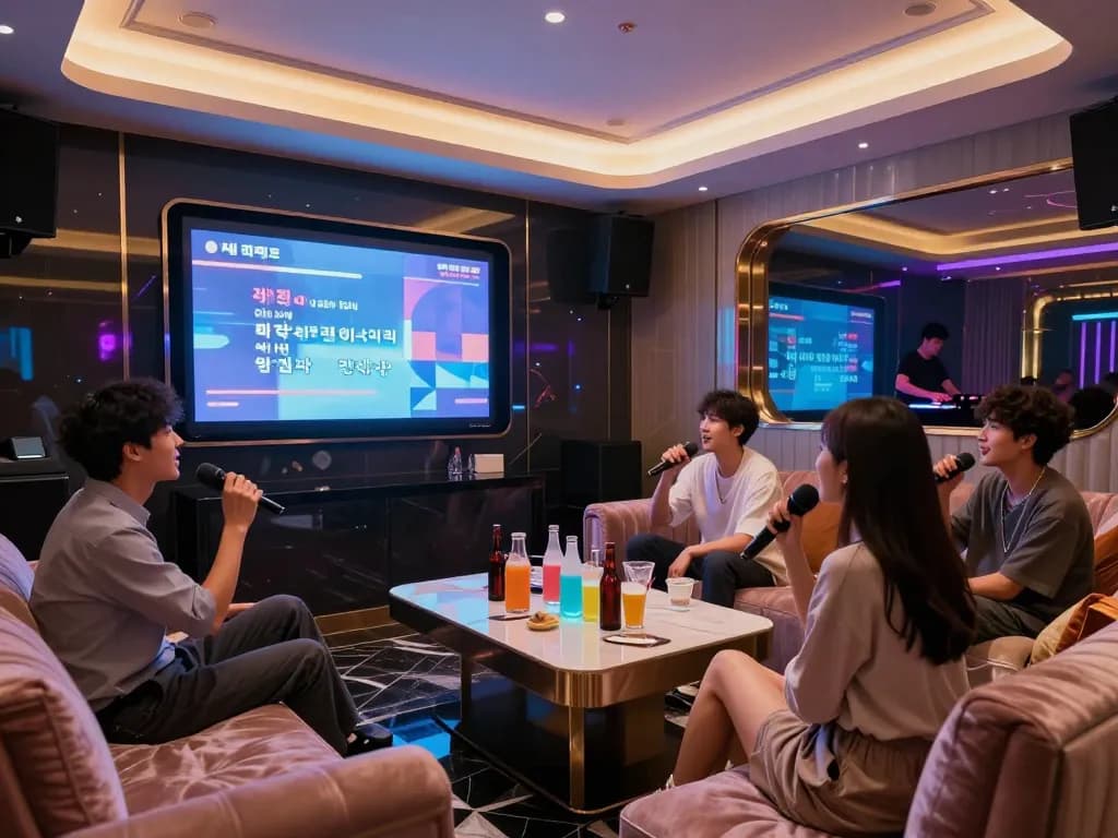 호화로운 환경에서 친구들과 함께 강남퍼펙트에서 생동감 넘치는 노래방을 즐기는 모습