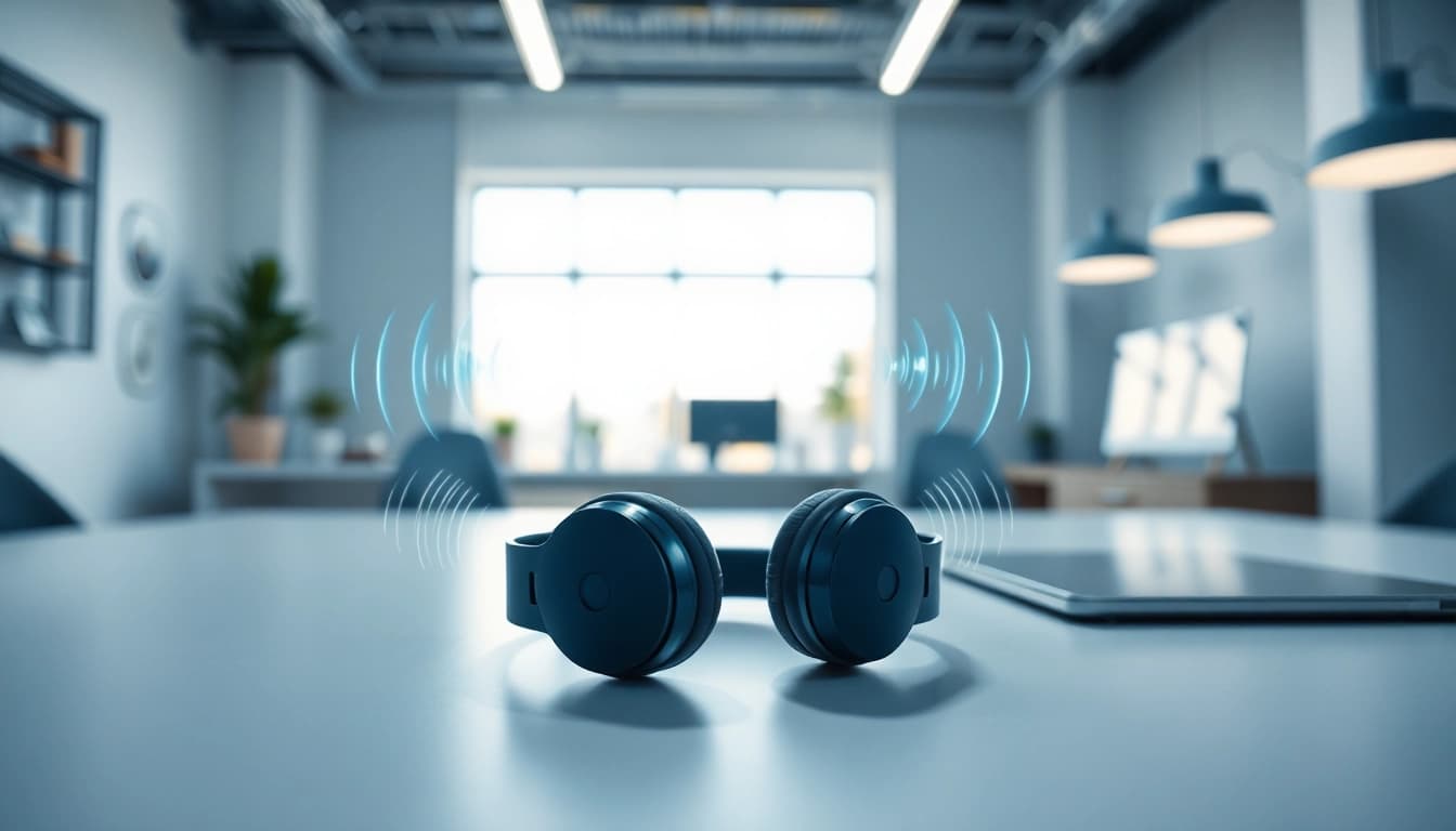 Showcase of Bone X1 Bone Conduction Headphones with sound waves in a minimalistic workspace.