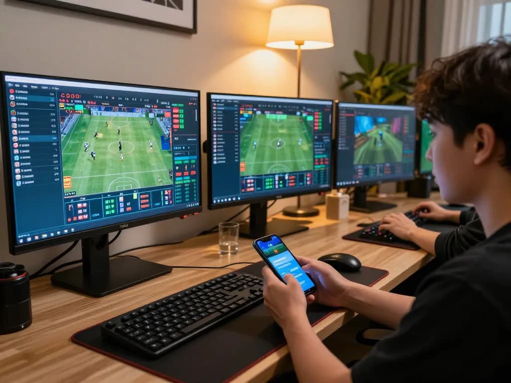 Engaging with Bongdalu for real-time sports updates on a sleek online gaming setup.
