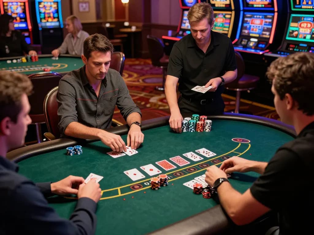 Players intensely strategizing blackjack moves at 98win vin casino, creating a thrilling atmosphere.