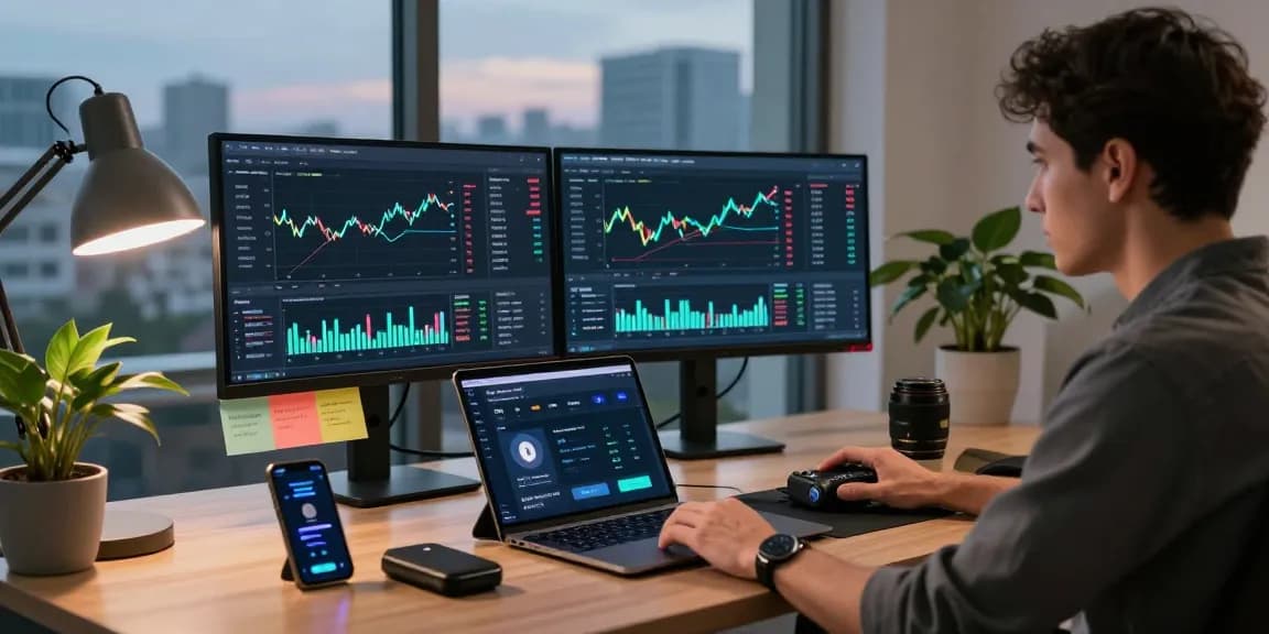Mining crypto online in a modern workspace with digital wallet, cryptocurrency charts, and trading analytics.